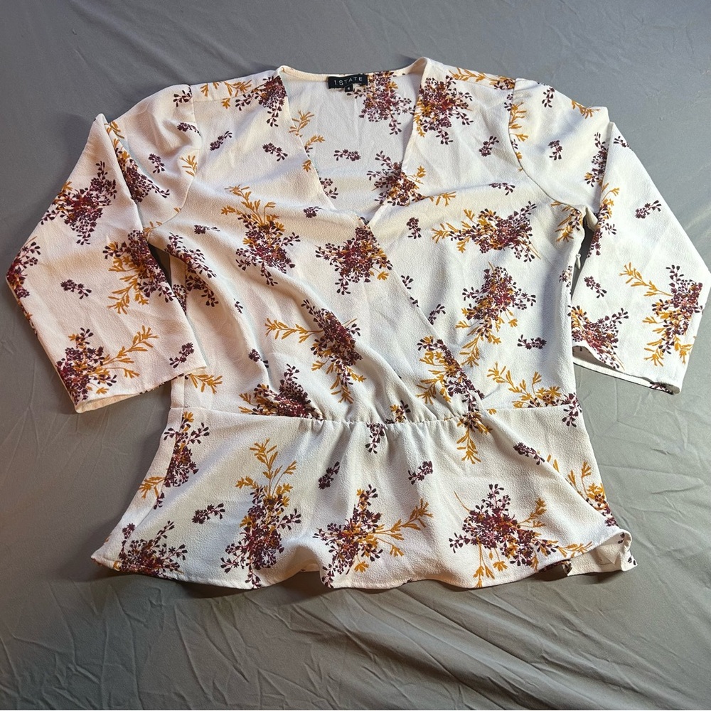 1. State Wild Country Blooms Peplum Womens Blouse White With Wildflowers SZ S